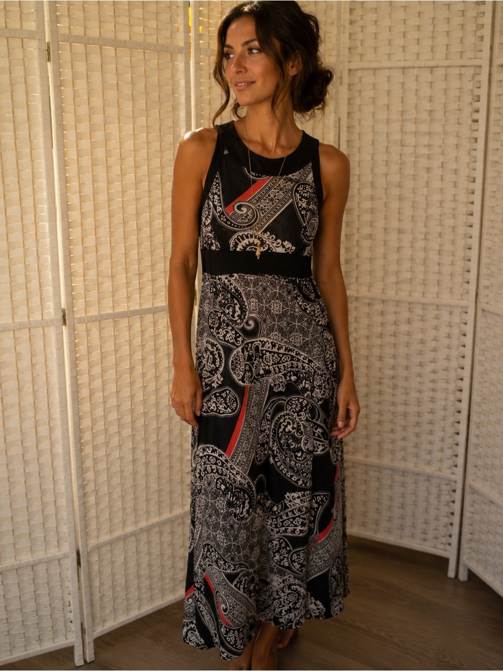 Just My Size Black and Red Paisley Maxi Dress